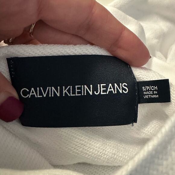 Calvin Klein Hoodie Rhinestone Logo Cropped Graphic Raw Hem Black White Size S - Picture 4 of 7